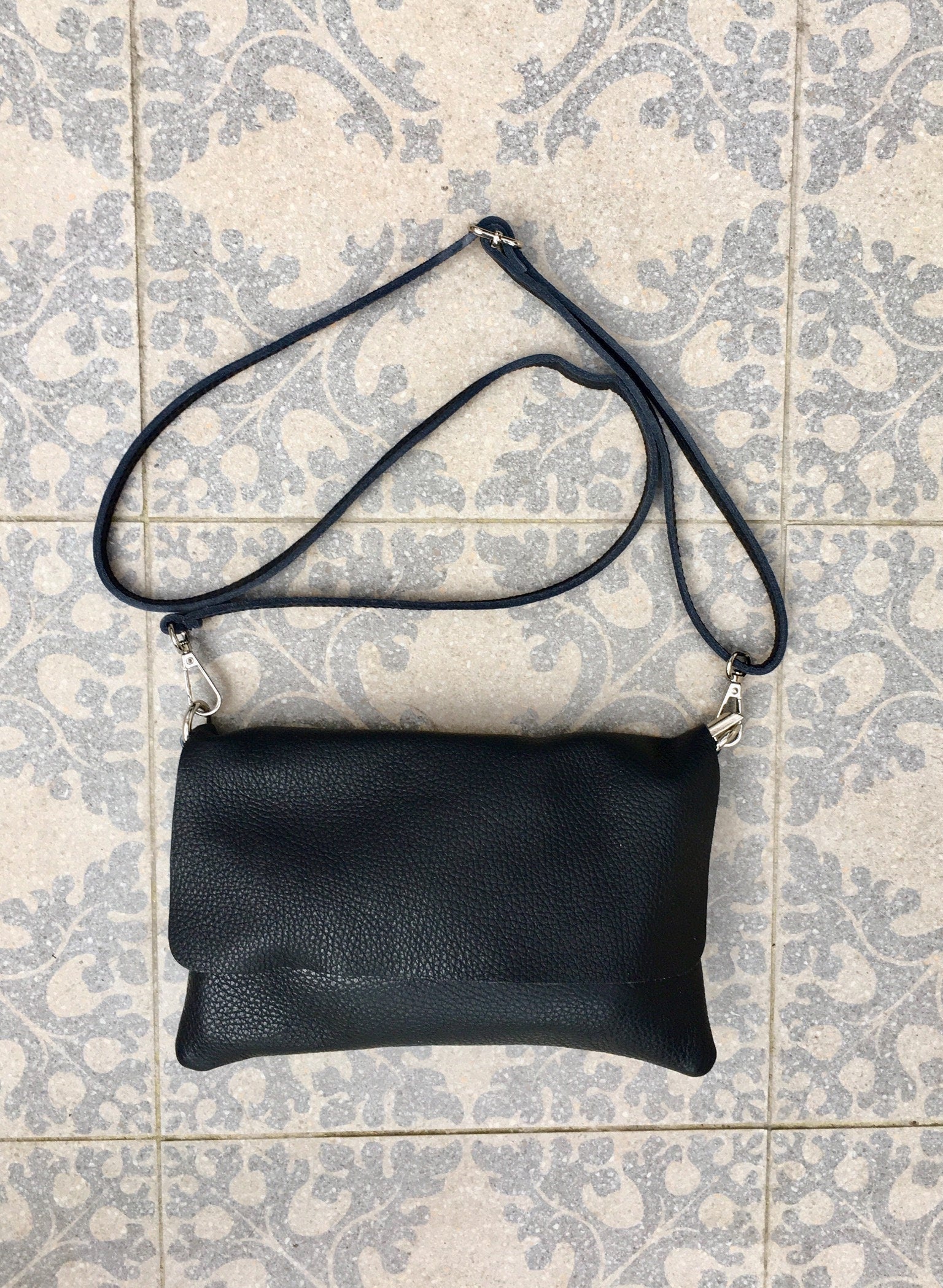 Small leather bag in BLACK. Cross body bag, shoulder bag in GENUINE leather. BLACK bag with adjustable strap, zipper and flap.