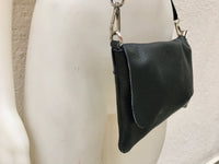 Small leather bag in BLACK. Cross body bag, shoulder bag in GENUINE leather. BLACK bag with adjustable strap, zipper and flap.