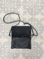 Black small leather bag. 2 straps: 1 leather + 1 guitar strap. GENUINE leather Crossbody / shoulder bag. Black purse with flap + zipper