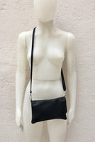 Black small leather bag. 2 straps: 1 leather + 1 guitar strap. GENUINE leather Crossbody / shoulder bag. Black purse with flap + zipper