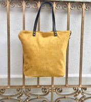 Large TOTE leather bag in MUSTARD yellow. Soft suede, genuine leather bag. Yellow suede bag. Laptop bag in suede. Large cross body bag