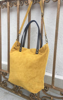 Large TOTE leather bag in MUSTARD yellow. Soft suede, genuine leather bag. Yellow suede bag. Laptop bag in suede. Large cross body bag