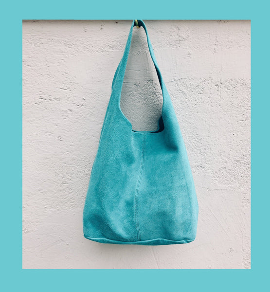Slouch bag.Large TOTE leather bag TURQUOISE blue. Soft natural suede genuine leather bag. Boho bag closed with a ZIPPER. Blue soft suede bag