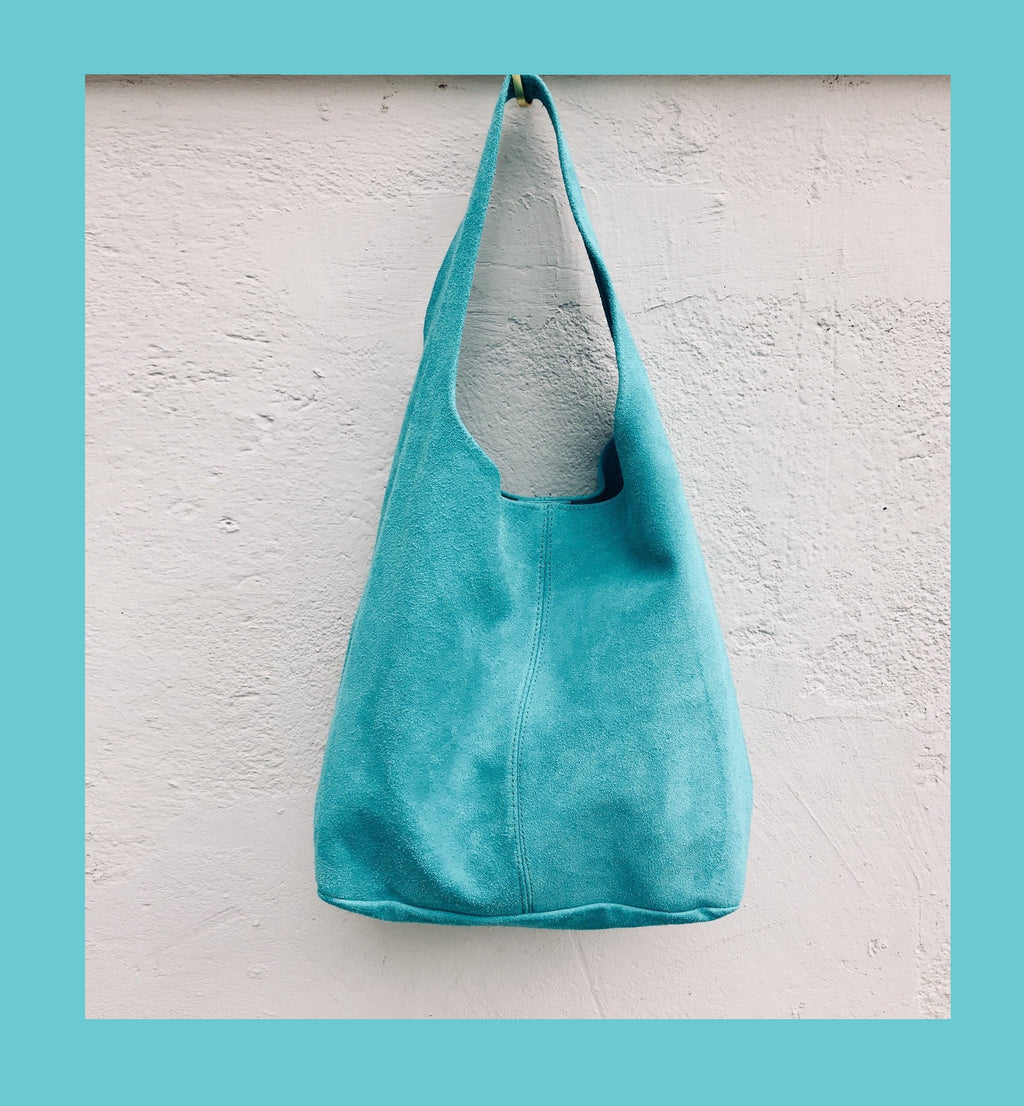 Slouch bag.Large TOTE leather bag TURQUOISE blue. Soft natural suede genuine leather bag. Boho bag closed with a ZIPPER. Blue soft suede bag