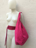 Large slouchyt leather bag in hot PINK with matching OBI belt . Soft natural suede leather bag and belt in MAGENTA. Fuchsia pink suede purse