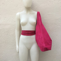 Large slouchyt leather bag in hot PINK with matching OBI belt . Soft natural suede leather bag and belt in MAGENTA. Fuchsia pink suede purse