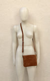 Suede leather bag in CAMEL brown. Cross body bag, shoulder bag in GENUINE leather. Small leather bag with adjustable strap and zipper.