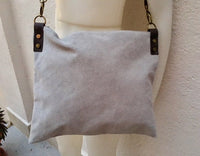 Cross body bag. BOHO suede leather bag in gray. Messenger bag in soft genuine suede leather. Crossbody bag in gray suede.