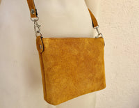 Suede leather bag in MUSTARD YELLOW .Crossbody bag or shoulder bag in GENUINE leather. Suede purse with adjustable strap and zipper.