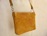 Small suede bag in MUSTARD YELLOW with matching belt. Cross body bag and OBI belt set in suede leather. Adjustable strap and zipper