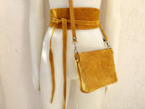 Small suede bag in MUSTARD YELLOW with matching belt. Cross body bag and OBI belt set in suede leather. Adjustable strap and zipper