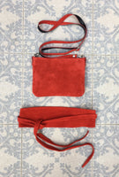 Small suede bag in RED with matching belt. Cross body bag and OBI belt set in suede leather. Adjustable strap and zipper