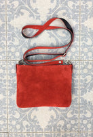 Small suede bag in RED with matching belt. Cross body bag and OBI belt set in suede leather. Adjustable strap and zipper