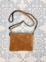 Suede leather bag in CAMEL brown. Cross body bag, shoulder bag in GENUINE leather. Small leather bag with adjustable strap and zipper.