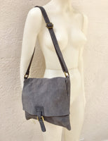 Leather bag in dark GREY. BOHO messenger bag in gray suede. Cross body bag in grey suede. Soft genuine leather bag. School bags, book bag.