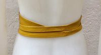 Obi belt in soft leather. Wrap belt in MUSTARD YELLOW. Waist belt in yellow. Mustard color wraparound belt. Yellow sash. Ibiza boho belts