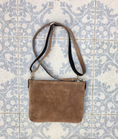 Suede leather bag in DARK BEIGE. Cross body bag, shoulder bag in GENUINE leather. Small leather bag with adjustable strap and zipper.