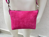 Suede leather bag in hot pink. Cross body bag, shoulder bag in GENUINE leather. Small fuchsia leather bag with adjustable strap and zipper