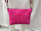 Suede leather bag in hot pink. Cross body bag, shoulder bag in GENUINE leather. Small fuchsia leather bag with adjustable strap and zipper