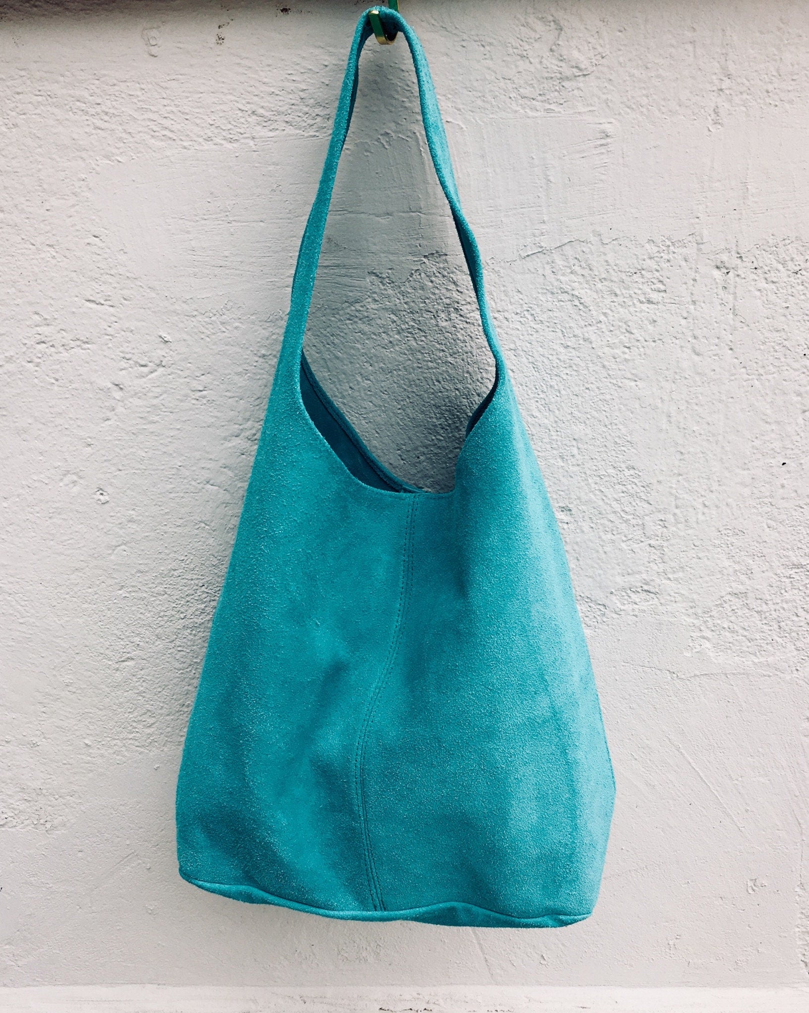 Slouch bag.Large TOTE leather bag TURQUOISE blue. Soft natural suede genuine leather bag. Boho bag closed with a ZIPPER. Blue soft suede bag