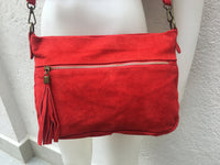 BOHO suede leather cross over bag in RED with matching belt. Soft natural leather bag and belt. Messenger bag in genuine suede leather