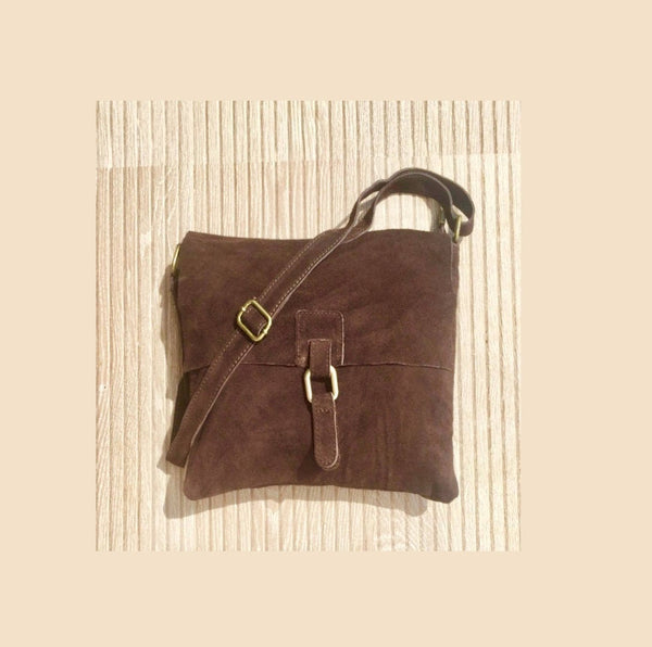 BOHO suede bag in dark chocolate BROWN. Soft genuine leather bag. Dark brown suede purse. Crossbody messenger bag for books, tablets etc