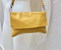 Small leather bag in MUSTARD YELLOW .Cross body bag, shoulder bag in GENUINE leather. Yellow bag with adjustable strap, zipper and flap.