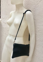 Small leather bag in BLACK. Cross body bag, shoulder bag in GENUINE leather. BLACK bag with adjustable strap, zipper and flap.