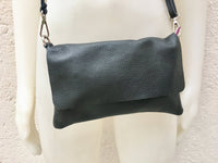 Small leather bag in BLACK. Cross body bag, shoulder bag in GENUINE leather. BLACK bag with adjustable strap, zipper and flap.