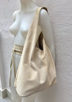 Light beige large leather bag . Zipper at the top. Soft natural suede leather bag. Slouhy BEIGE genuine leather bag. Cream suede purse