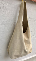 Light beige large leather bag . Zipper at the top. Soft natural suede leather bag. Slouhy BEIGE genuine leather bag. Cream suede purse