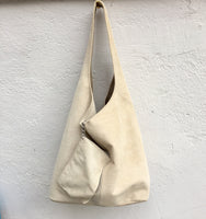 Light beige large leather bag . Zipper at the top. Soft natural suede leather bag. Slouhy BEIGE genuine leather bag. Cream suede purse