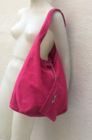 Large slouchyt leather bag in hot PINK with matching OBI belt . Soft natural suede leather bag and belt in MAGENTA. Fuchsia pink suede purse