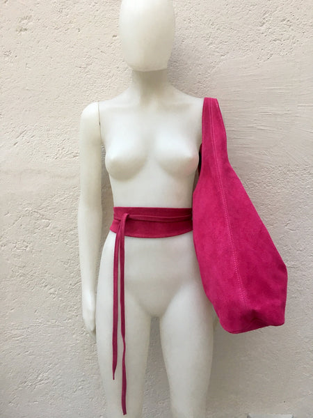 Large slouchyt leather bag in hot PINK with matching OBI belt . Soft natural suede leather bag and belt in MAGENTA. Fuchsia pink suede purse