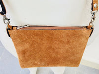 Suede leather bag in CAMEL brown. Cross body bag, shoulder bag in GENUINE leather. Small leather bag with adjustable strap and zipper.