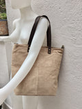 Large TOTE leather bag in light BEIGE. Soft natural suede bag. Genuine leather shopper. Laptop or book bag in suede. Large crossbody bag.