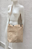 Large TOTE leather bag in light BEIGE. Soft natural suede bag. Genuine leather shopper. Laptop or book bag in suede. Large crossbody bag.