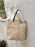 Large TOTE leather bag in light BEIGE. Soft natural suede bag. Genuine leather shopper. Laptop or book bag in suede. Large crossbody bag.