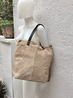 Large TOTE leather bag in light BEIGE. Soft natural suede bag. Genuine leather shopper. Laptop or book bag in suede. Large crossbody bag.