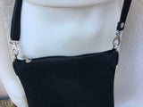 Suede leather bag in BLACK. Cross body bag, shoulder bag in GENUINE leather. Small leather bag with adjustable strap and zipper.