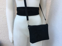 Small suede bag in BLACK with matching belt. Cross body bag and OBI belt set in suede leather. Adjustable strap and zipper