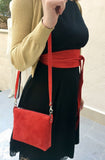 Small suede bag in RED with matching belt. Cross body bag and OBI belt set in suede leather. Adjustable strap and zipper