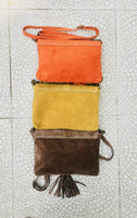 Dark gray crossbody /shoulder bag. BOHO suede leather bag. Soft genuine grey suede leather purse with flap and tassel.