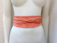 Coral PINK suede OBI belt. Genuine leather wraparound belt. Salmon pink boho wrap belt. Light coral color waist belt in soft natural suede.