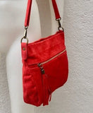 Crossbody suede bag in RED. Boho bag in genuine leahter. Soft natural suede bag with zippers, adjustable strap and tassel. Hippy suede bags