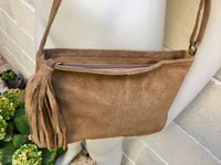 Suede leather bag in DARK Beige, taupe color .Cross body bag in GENUINE leather. Small brown leather bag with adjustable strap and zipper.