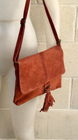 Cross body bag. BOHO suede leather bag in burnt ORANGE. Soft genuine suede leather. Crossover, messenger bag in suede. Terracotta,small bags