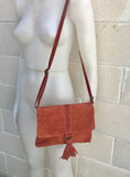 Cross body bag. BOHO suede leather bag in burnt ORANGE. Soft genuine suede leather. Crossover, messenger bag in suede. Terracotta,small bags