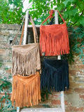 Cross body bag. BOHO suede leather bag in ORANGE with FRINGES. Boho messenger bag in soft genuine suede leather. Orange crossbody hippy bag