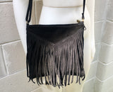 Cross body bag. BOHO suede leather bag in BLACK with FRINGES. Messenger bag in soft genuine suede leather.Black crossbody hippy bag